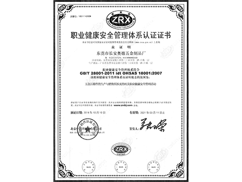 18000职业健康安全管理体系认证证书中文版